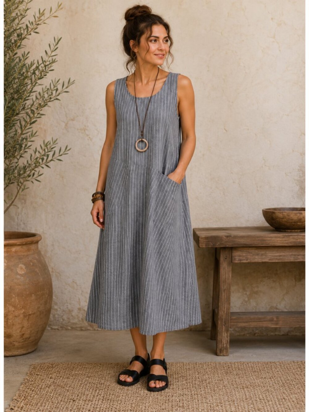 Fenini Maxi Dress Lagenlook Stripe XL Sleeveless Gray Boho Relaxed Coastal